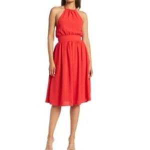 NSR Nordstrom Midi Dress poppy red halter NWT size XS fit & flare cocktail party